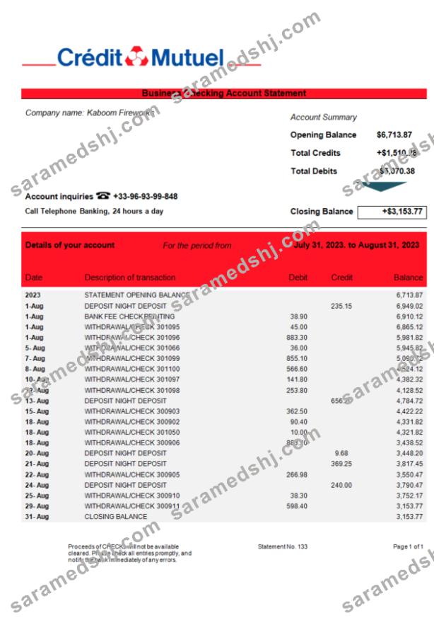 Credit Mutuel Bank firm account statement Word and PDF template